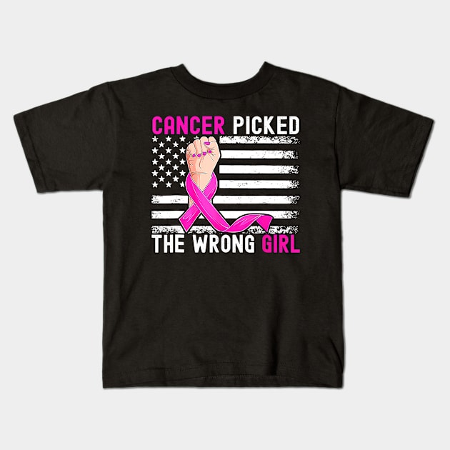 US Flag Cancer Picked The Wrong Girl Breast Cancer Awareness Kids T-Shirt by everetto